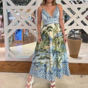 FARM Rio Blue and Green Tropical Long Dress Size XL